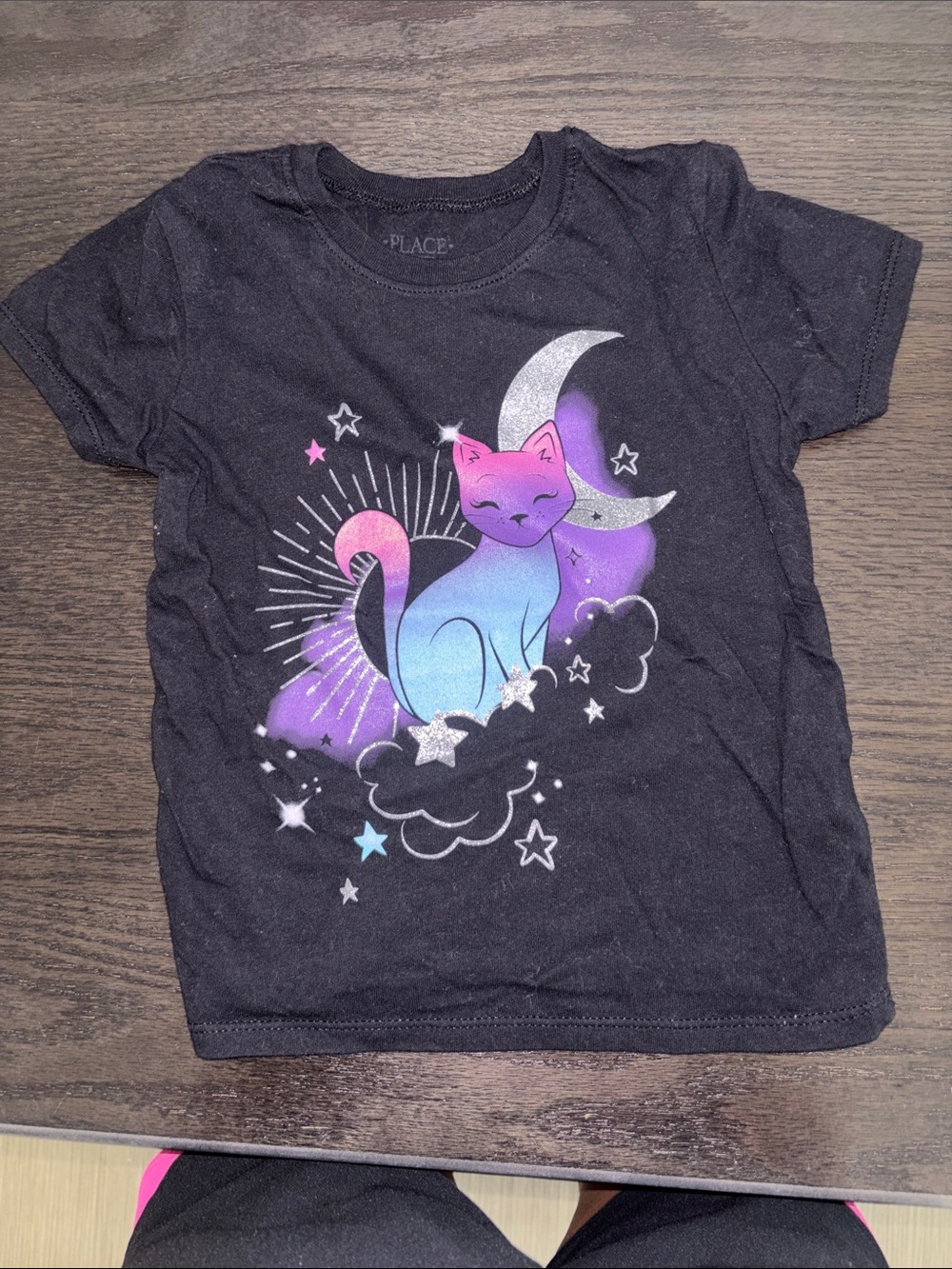 The Children's Place Black Tee with Pink & Blue Gradient Cat Graphic